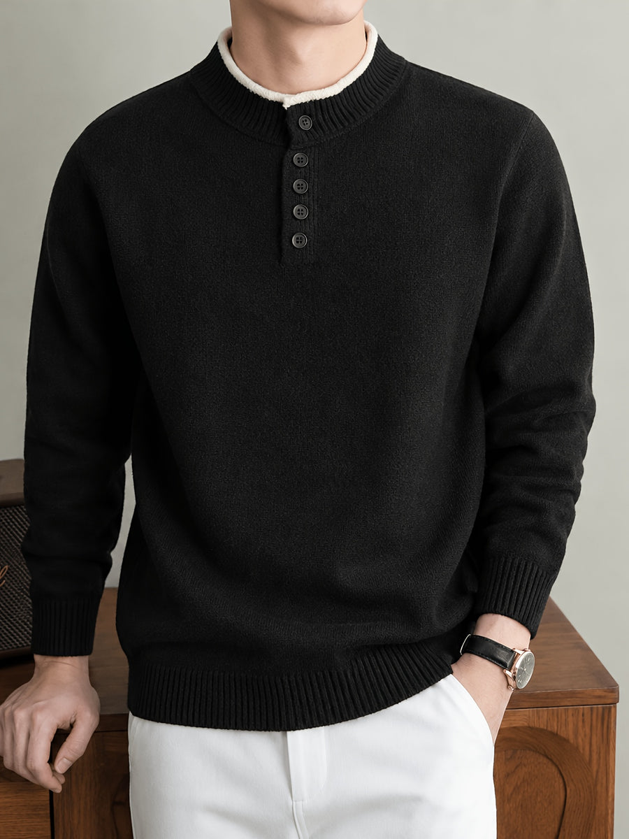 Du Jing Lan OBM Spring/Autumn New Arrival Men's Knit Pullover, Old Money Style Contrast Color Striped Half-Open Placket Stand Collar Knit Pullover, Men's Business Casual Fashion Knit Pullover, Suitable for Layering or Wearing as an Inner Layer - Black