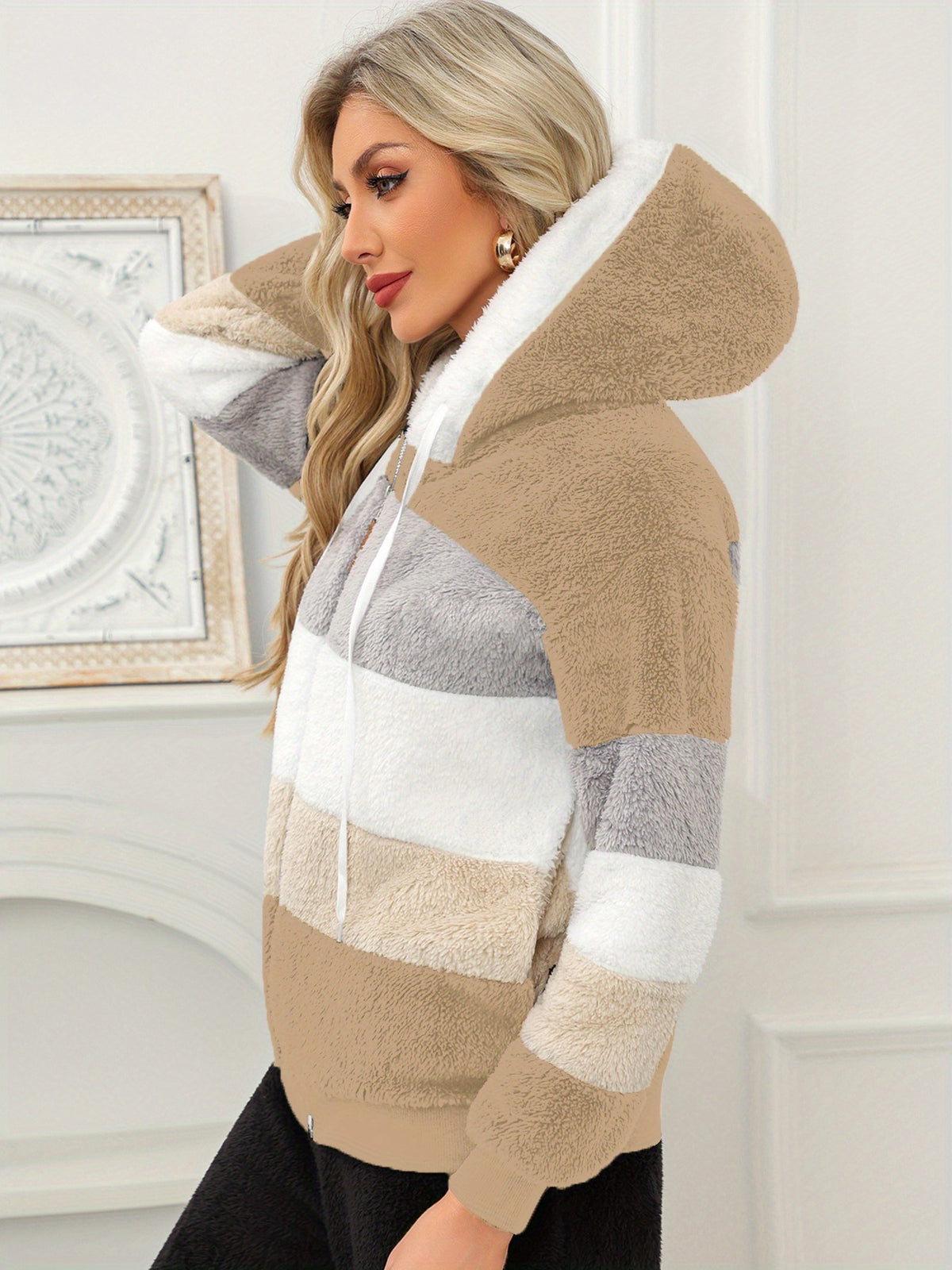 Women'S Warm Fleece Color Block Hooded Jacket Zip Up Chunky Plush Coat with Pockets Casual Loose Fit Winter Outerwear Soft Fluffy Jacket Multiple Colors Available - Khaki