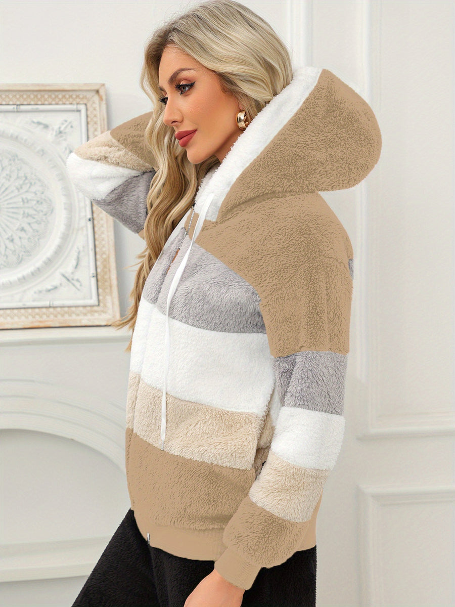 Women'S Warm Fleece Color Block Hooded Jacket Zip Up Chunky Plush Coat with Pockets Casual Loose Fit Winter Outerwear Soft Fluffy Jacket Multiple Colors Available - Khaki