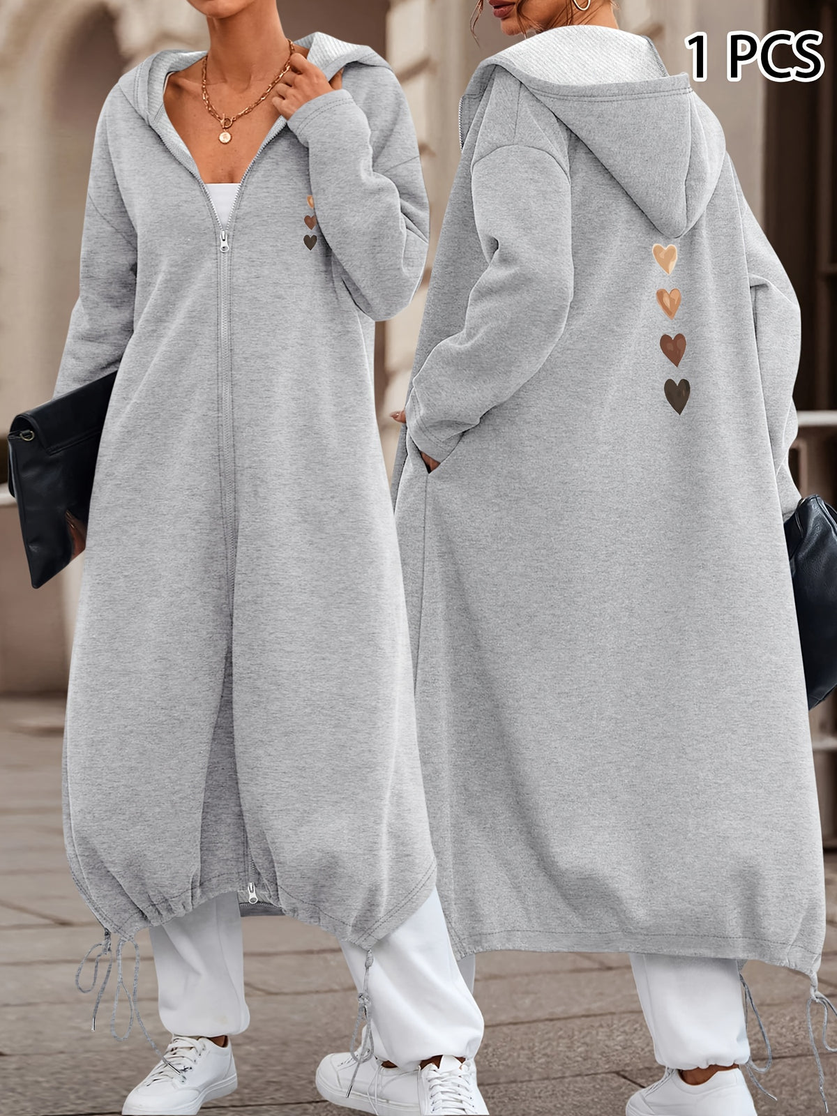 Autumn/Winter Women's Casual Fashion Long Hooded Jacket with Front and Back Gradient Heart Print, Comfortable and Versatile for Daily Commute and Multiple Scenarios - Grey