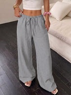 YY0514366 Women's Casual Versatile Solid Color Lace-Up Straight-Leg Pocket Wide-Leg Pants - Grey