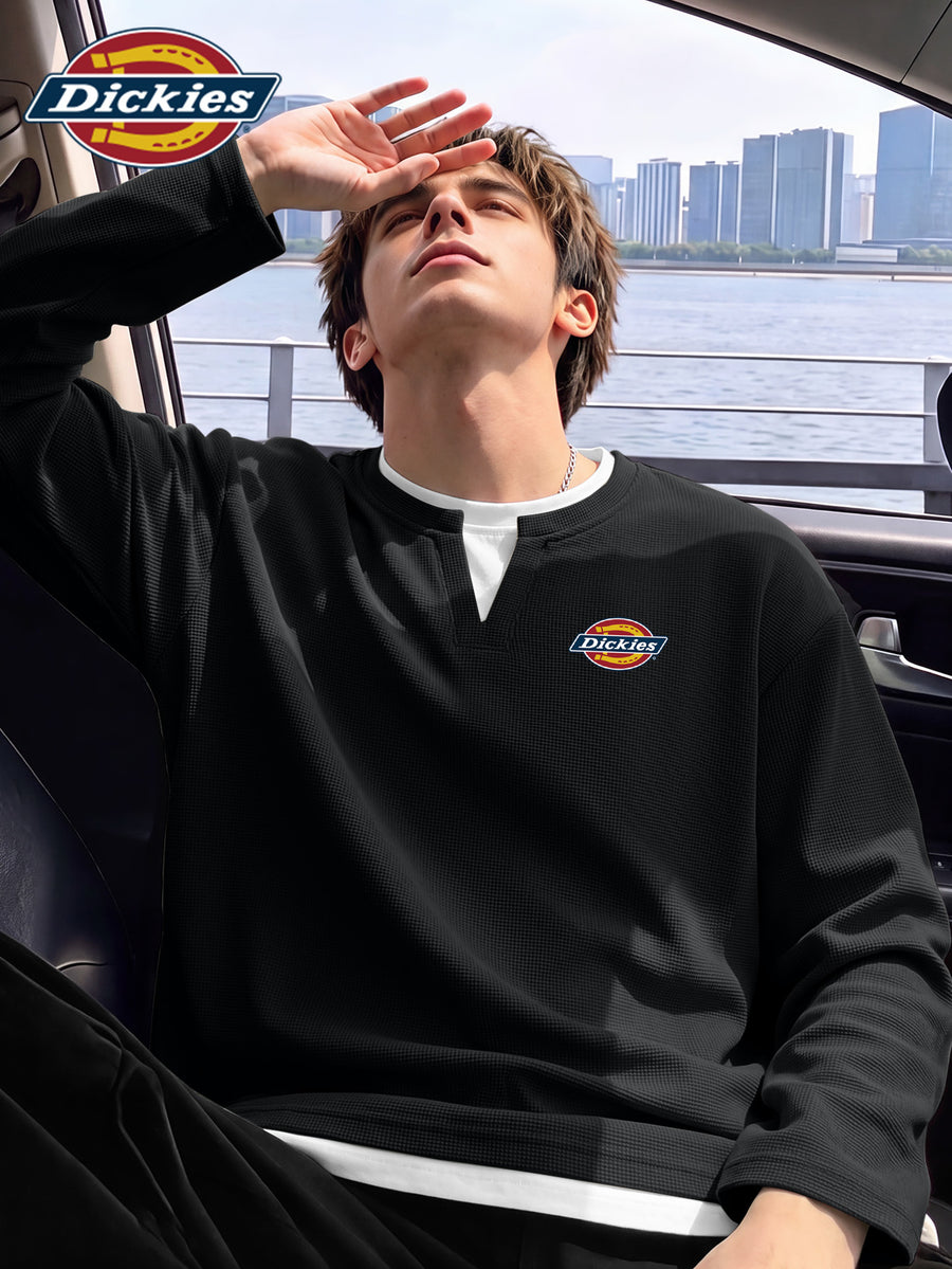 Dickies 2026 New Faux Two-Piece Structured Long Sleeve T-Shirt Waffle Fabric Men'S All-Season Trendy American Retro Cut Design Statement Tee Men'S Waffle Faux Two-Piece V-Neck Long T - Black