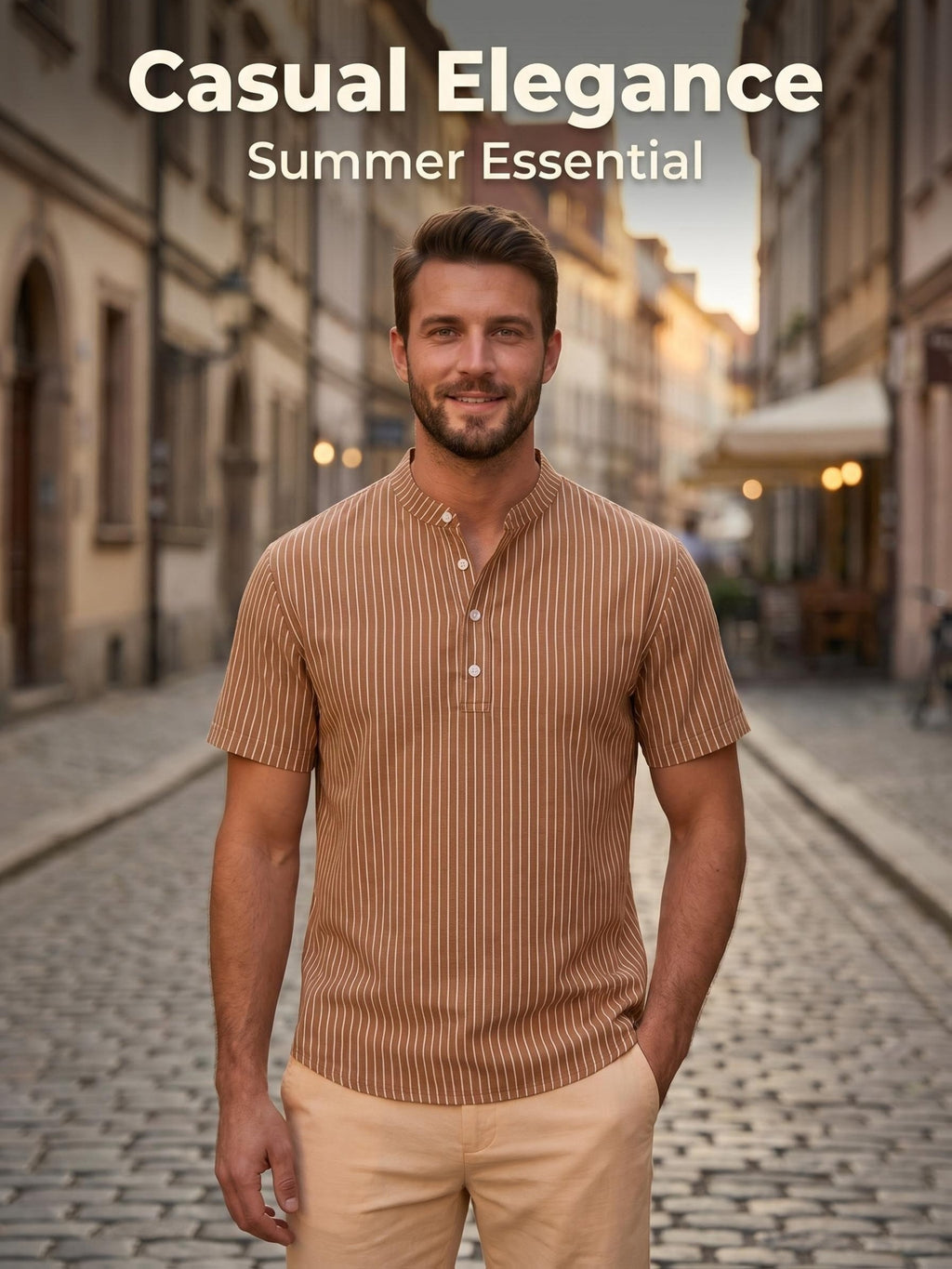 Josh Rose OBM 2pcs Men's Henley Shirts, Men's Summer Short Sleeve Regular Fit, Lightweight and Breathable, 95% Linen, Solid and Striped in Black and White, Features 4 Buttons, Suitable for Summer Daily Work, Casual, and Vacation Occasions - Coffee+Black