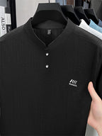 [Pearson Obm]Summer New Small Stand Collar Ice Fiber Fabric Quick-Drying Short-Sleeved T-Shirt Men'S Young Loose Casual Short-Sleeved Top Men'S Clothing Lao Zhou - Black