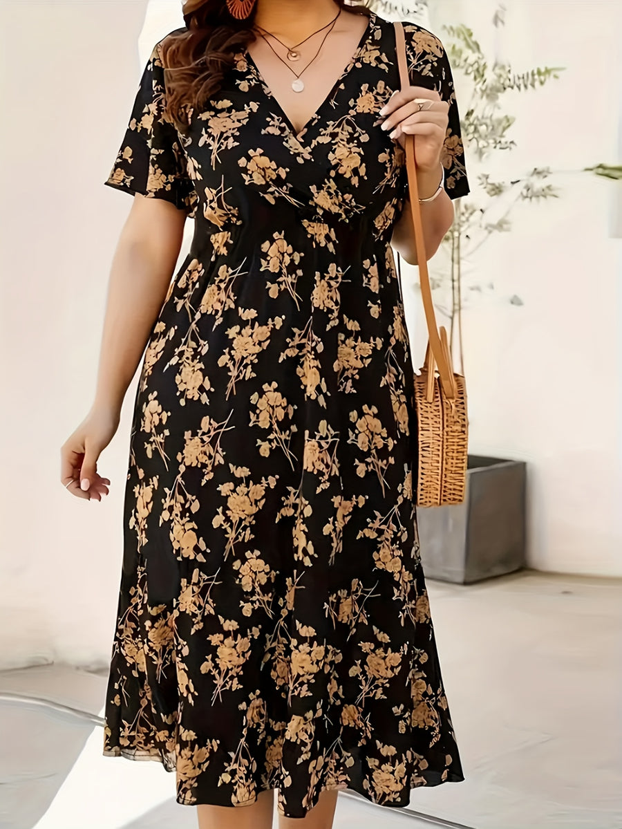 Floral Printed High-Waisted Casual V-Neck Polyester Dress for Adult, Spring/Fall Collection, A Pendulum Style, Woven Fabric, 105 g/m² - Black