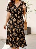 Floral Printed High-Waisted Casual V-Neck Polyester Dress for Adult, Spring/Fall Collection, A Pendulum Style, Woven Fabric, 105 g/m² - Black