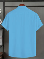 Men'S Solid Color Short Sleeve Shirt, Summer Lightweight Breathable Fabric, Classic Collar, Loose Fit, Textured Fabric, Suitable for Casual, Office & Weekend Wear, Short Sleeve Top, Non-Stretch Material, Durable Casualwear, Outdoor Casual - Sky Blue