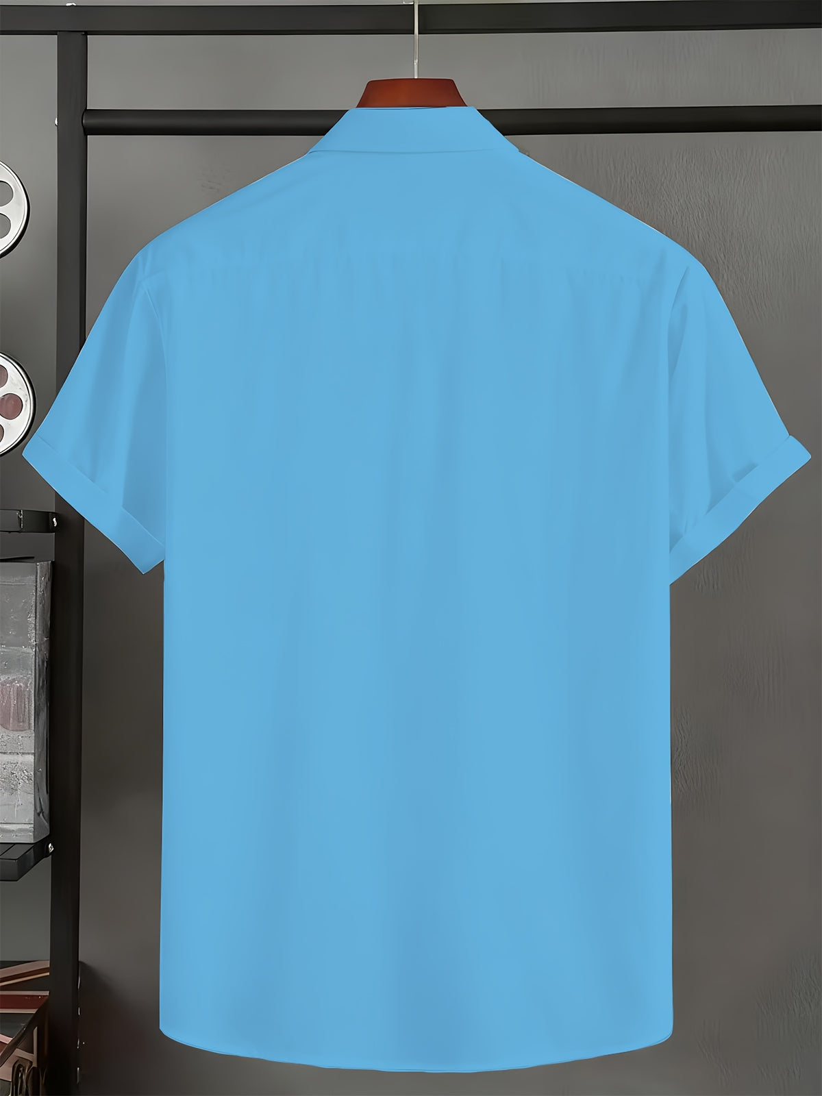 Men'S Solid Color Short Sleeve Shirt, Summer Lightweight Breathable Fabric, Classic Collar, Loose Fit, Textured Fabric, Suitable for Casual, Office & Weekend Wear, Short Sleeve Top, Non-Stretch Material, Durable Casualwear, Outdoor Casual - Sky Blue