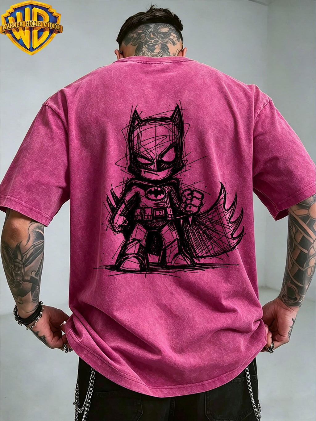 Warner Bros. Official License, Cape Q-Version Batman Sketch Double-Sided Print Washed Distressed Short Sleeve T-Shirt, American Retro Casual Top, Men'S Casual Comfortable Versatile Loose T-Shirt, Suitable for Daily Wear, Styling, And Gifting - Rose Red