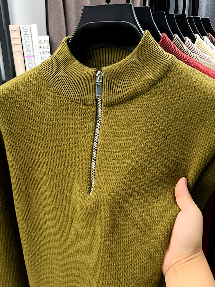 Men'S Half-Zip Stand Collar Knit Sweater, Non-Tight Loose Fit, Suitable for Most Men, Versatile Base Layer - SINBOS - Olive Green Color