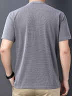 New Summer Men's Short-Sleeve Henley Shirt with Washed Distressed Finish, Waffle Knit Texture, Business Casual T-Shirt with Pocket - Grey