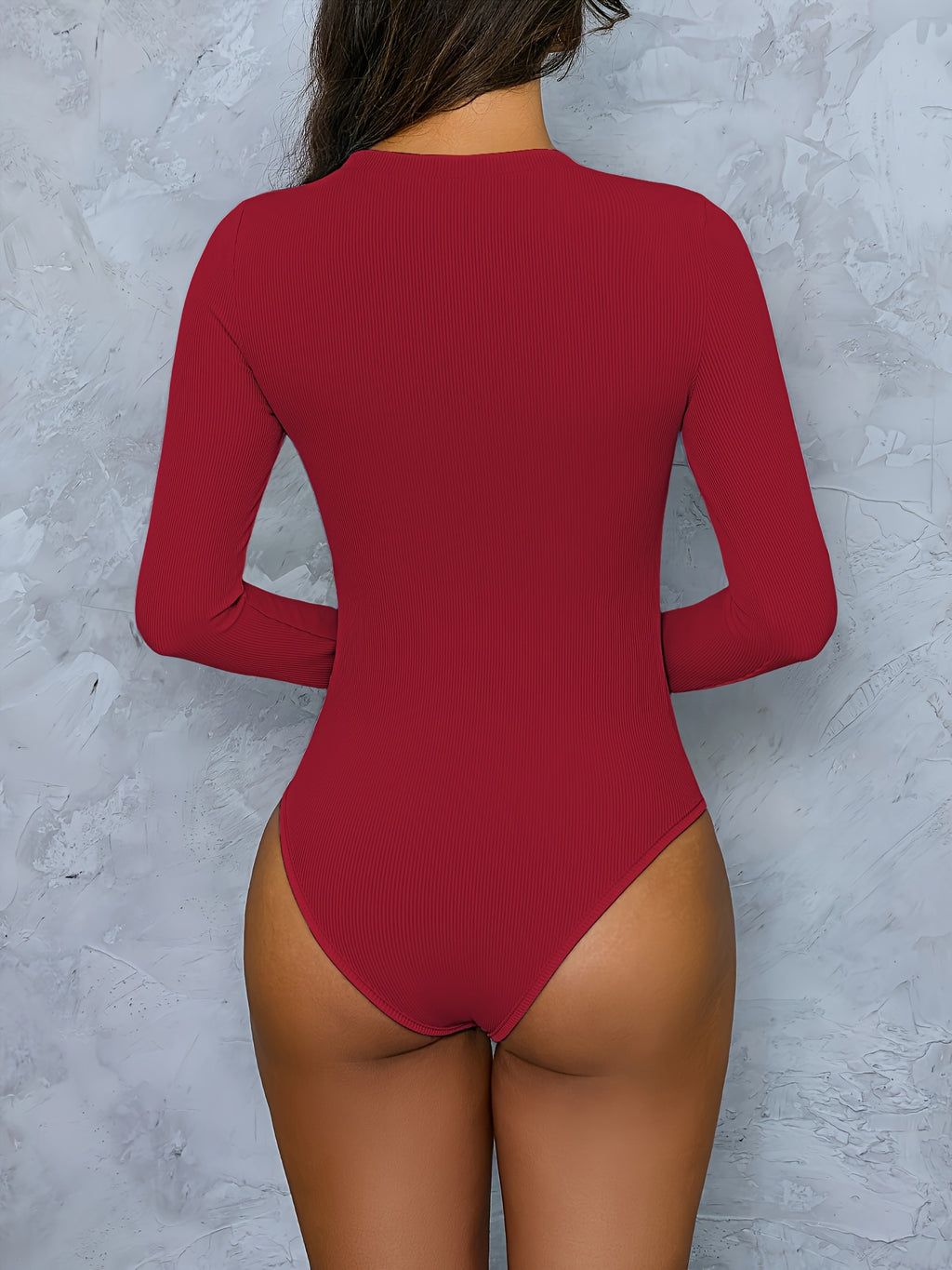 Basic Ribbed Bodysuit with Long Sleeves, Round Neck, Form-Fitting Design, Suitable for Wearing As a Versatile Layering Top - Red