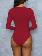 Basic Ribbed Bodysuit with Long Sleeves, Round Neck, Form-Fitting Design, Suitable for Wearing As a Versatile Layering Top - Red