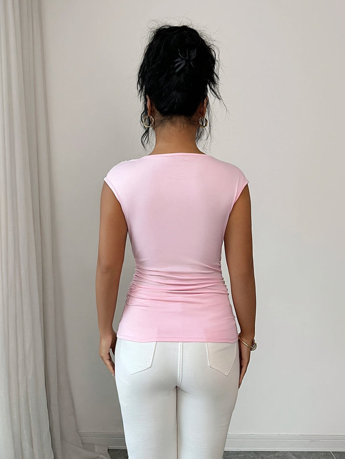 Spring/Summer Fashionable and Elegant Ruffle Pleat Collar Daily Casual T-Shirt - Pink