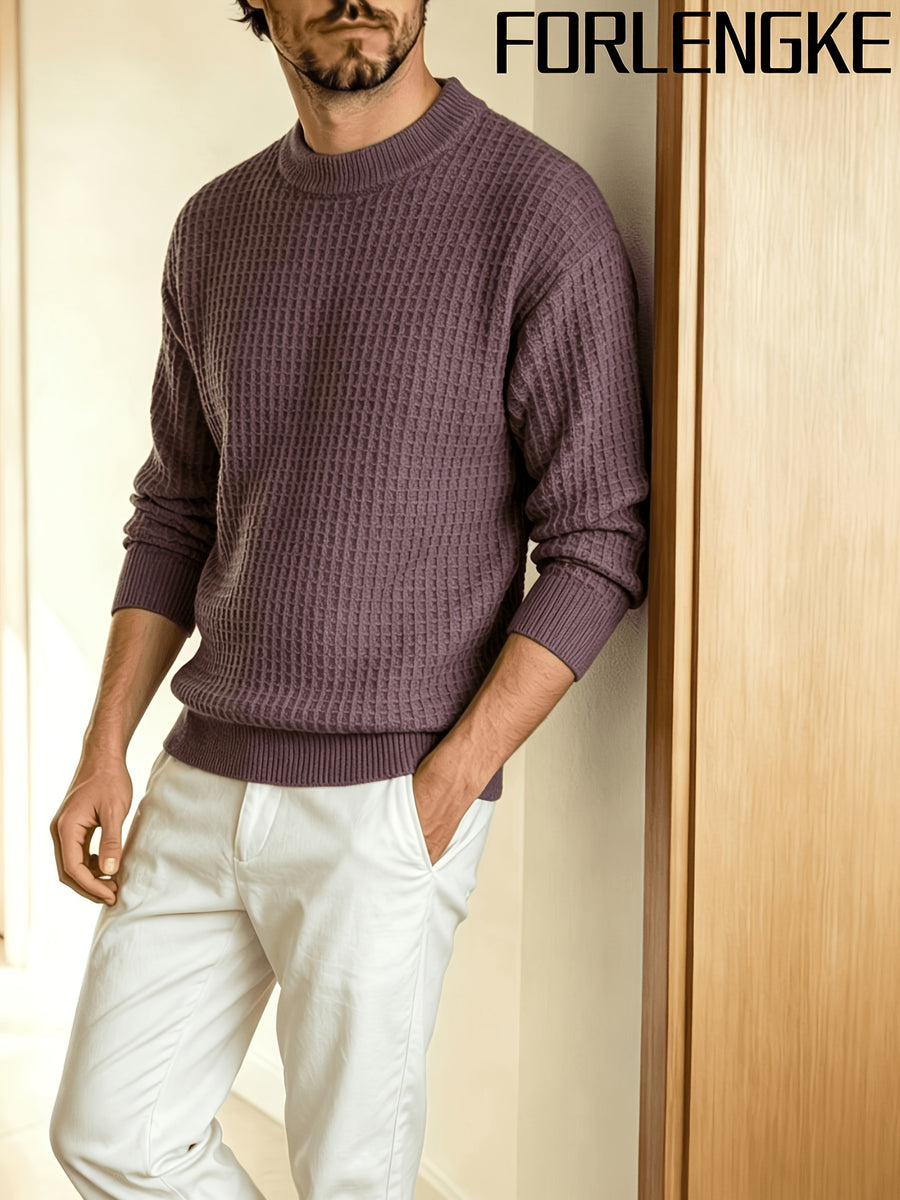 FORLENGKE Men's Waffle Knit Crewneck Sweater, New Autumn and Winter Solid Color Textured Knit Pullover with 3D Patterns, Casual and Commuter-Friendly, Simple and Versatile, Available in Multiple Colors, Suitable for Wearing Alone or Layering - Purple