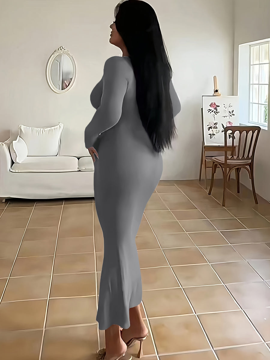 Tight Ultra-Long Women'S Autumn Long Sleeve Square Neck A-Line Sexy Bodycon Dress - Grey