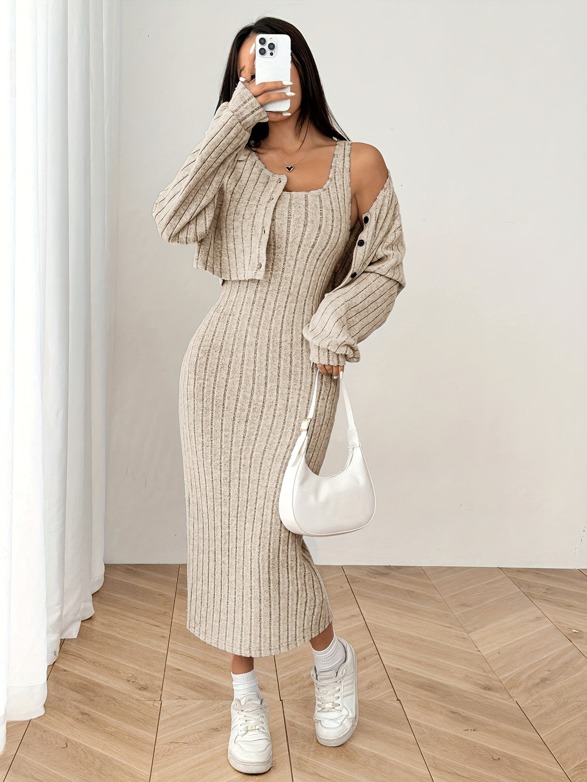 Autumn Cardigan Long Sleeve Short Top And Dress Set - Khaki