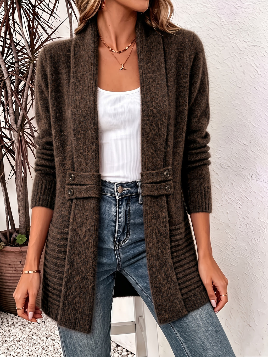 Beautiful Women's Spring/autumn Casual Double-breasted Decorative Belt Cardigan, Shawl and Cinched-waist Design, Versatile Mid-length Open-front Sweater in a Relaxed Style, Elegant and Fashionable Loose Outerwear, Perfect for Daily Commutes or Casual - Coffee Color