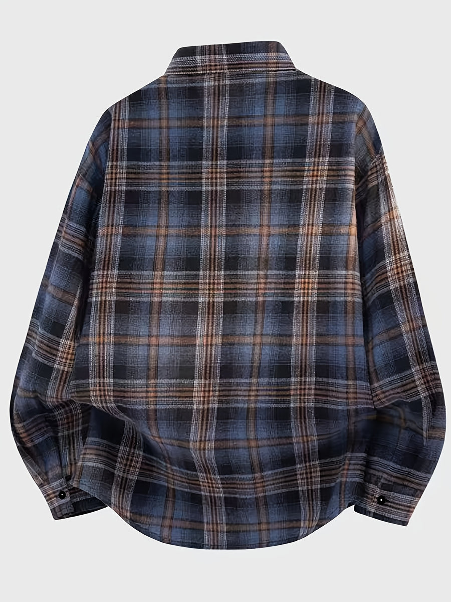 Back-to-school Season Men's Street Style Blue and White Checkered Autumn and Winter Long-sleeved Shirts, Loose-fitting Lapel Pocket Button Shirts, Casual and Versatile Checkered Shirt Jackets - Black