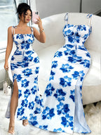 Women'S Elegant Fashion Floral Print Cami Shoulder Tie Front Ruched Decor Strappy Bow Waist-Cinching Bodycon Thigh-Slit Dress, Gentle Vacation Style Suitable for Dates, Travel, Parties, Beach Getaways, And Commuting - Mixed colors