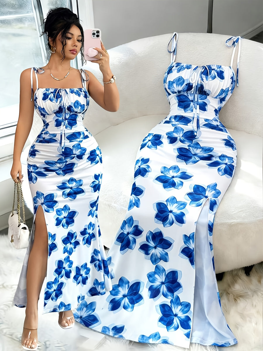 Women'S Elegant Fashion Floral Print Cami Shoulder Tie Front Ruched Decor Strappy Bow Waist-Cinching Bodycon Thigh-Slit Dress, Gentle Vacation Style Suitable for Dates, Travel, Parties, Beach Getaways, And Commuting - Mixed colors