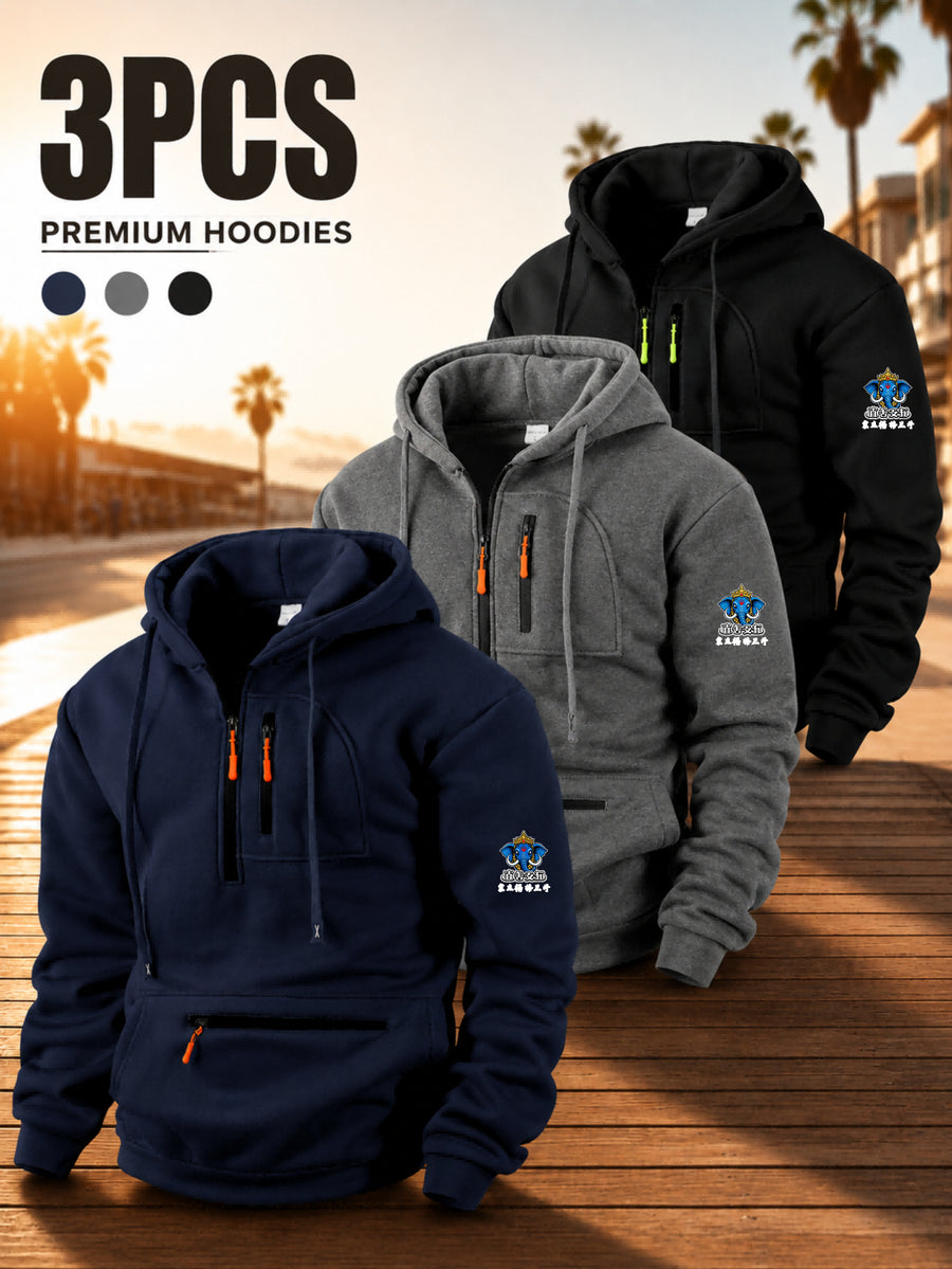Men's Hoodie Multi Zipper Pocket Design Crown Logo Print Casual Streetwear Fall Winter 3pcs - Navy Blue + Dark Gray + Black