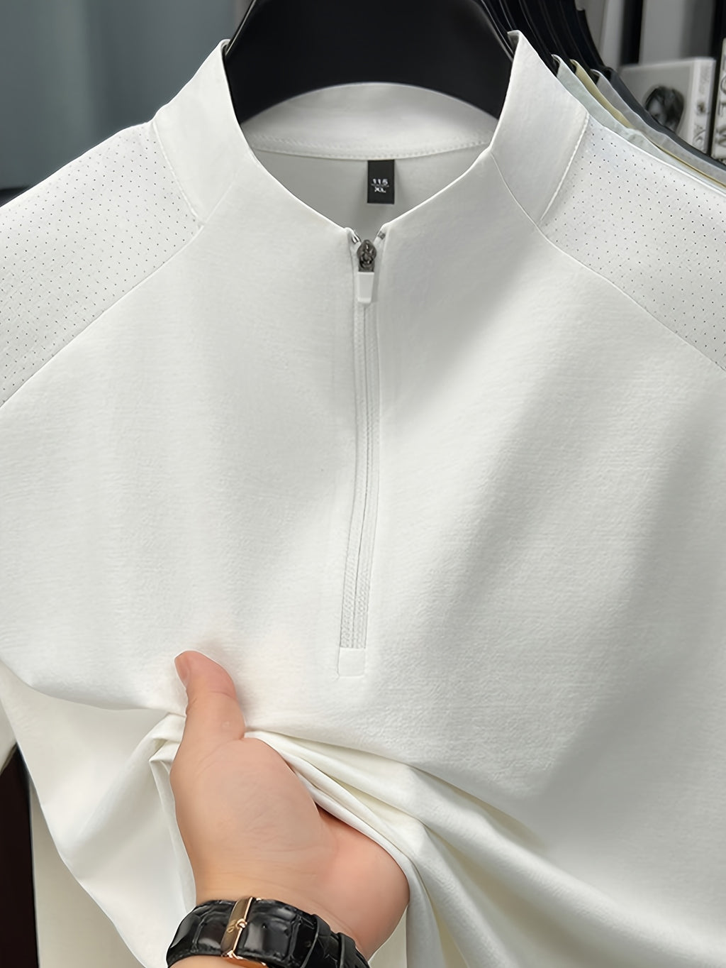 Men'S Summer Top T-Shirt, Half-Zipper Stand-Up Collar Design, Casual And Light Business Style, Adjustable Collar with Zipper, Balancing Ventilation And Styling; Mesh Shoulder Panel for Enhanced Breathability - Pure White