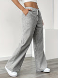 Women's French-Style Elegant Casual Commuter Striped Wide-Leg Pants, New Spring/Summer Loose Fashion Trousers with Pockets, Straight-Leg Versatile Style Zdz073103 - Gray White