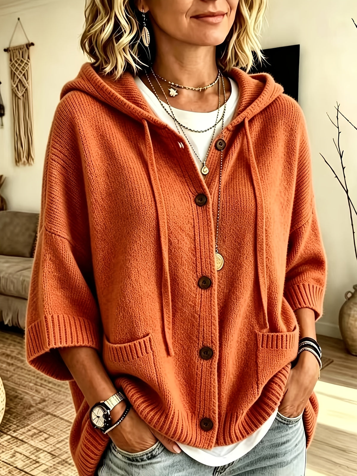 Elegant Casual Pocket Cardigan for Women - Orange-Red
