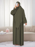 2pcs Set (Khimar And Abaya) Solid Color Muslim Prayer Outfit, Convenient Pullover Style with Lantern Sleeves And Waist Pleats, Paired with Matching Plain Headscarf Hijabs, Essential for Casual Outings, Fashionable Item Prayer Jilbab - Military Green