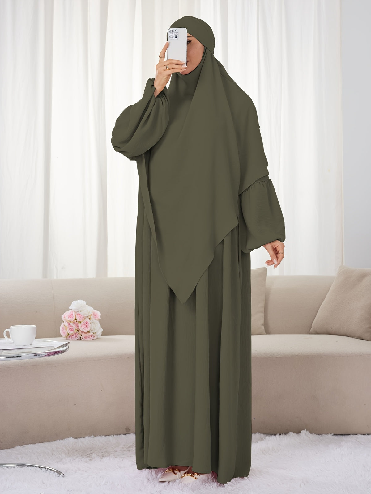 2pcs Set (Khimar And Abaya) Solid Color Muslim Prayer Outfit, Convenient Pullover Style with Lantern Sleeves And Waist Pleats, Paired with Matching Plain Headscarf Hijabs, Essential for Casual Outings, Fashionable Item Prayer Jilbab - Military Green