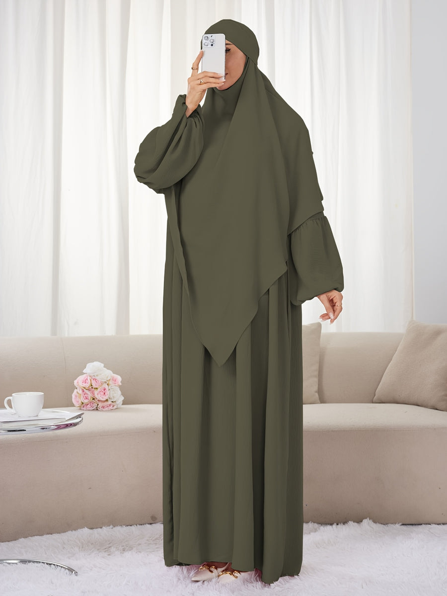 2pcs Set (Khimar And Abaya) Solid Color Muslim Prayer Outfit, Convenient Pullover Style with Lantern Sleeves And Waist Pleats, Paired with Matching Plain Headscarf Hijabs, Essential for Casual Outings, Fashionable Item Prayer Jilbab - Military Green