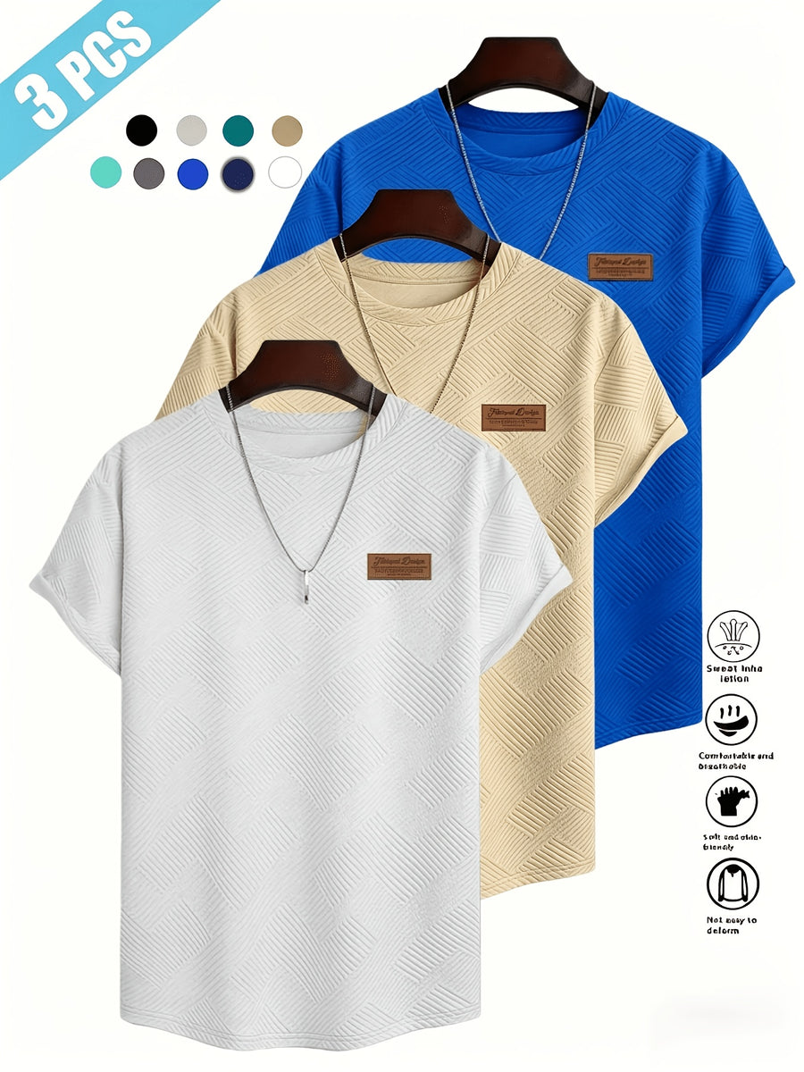 [Villa Le Water OBM] 3pcs Set Men'S Summer Fashion Round Neck T-Shirt, 3D Geometric Pattern Men'S Top, Comfortable And Versatile Short Sleeve, Suitable for Outdoor Street, Daily Casual, Outdoor Sports - White+Apricot+Royal Blue