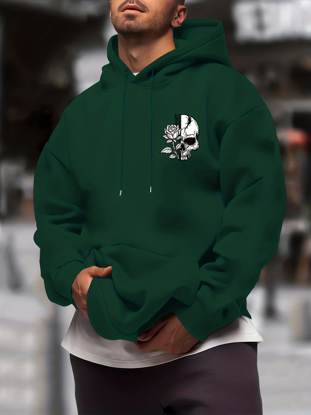 New Trendy Men'S Autumn And Winter Hooded Sweatshirt, Casual Everyday Drawstring Hoodie with Creative Design Print, Kangaroo Pouch Front Pocket, Unisex Tops - Dark Green