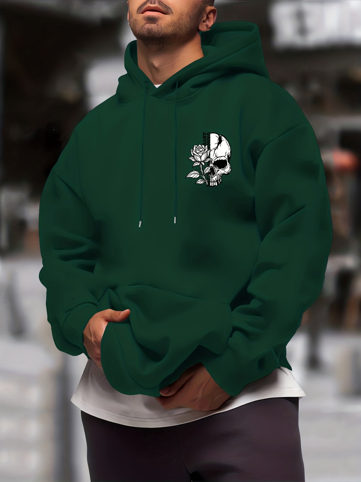 New Trendy Men'S Autumn And Winter Hooded Sweatshirt, Casual Everyday Drawstring Hoodie with Creative Design Print, Kangaroo Pouch Front Pocket, Unisex Tops - Dark Green