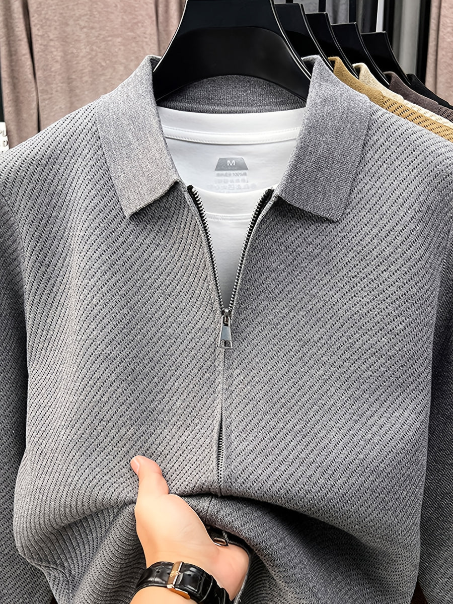 Men's Lapel Zipper Twill Knit Cardigan, Featuring a Classic Small Lapel Structure That Distinguishes It from Ordinary Crewneck Sweaters, Exuding a Sharp and Capable Business Aesthetic - SINBOS - Grey