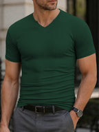 [Qiaoximei OBM] Pinstripe Henley Shirt, Solid Color Easy Casual T-Shirt, Comfortable Soft Breathable Fabric, Suitable for Men'S Daily Work And Beach Vacation Wear, Fashionable Athletic Clothing - Green
