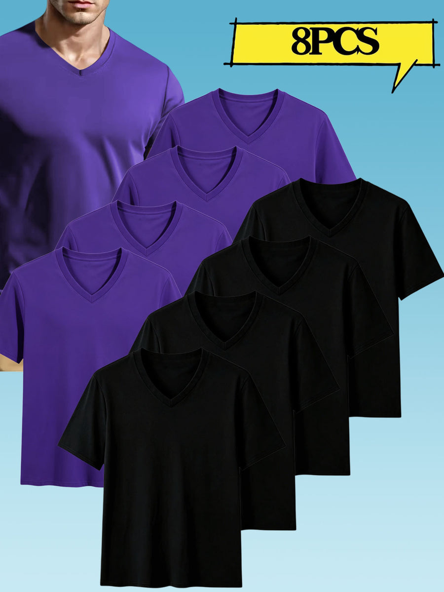 8pcs Men's Casual Knit Ribbed V-Neck T-Shirt / Soft and Comfortable Fabric / Short Sleeve / Solid Color / Crew Neck / Back-to-School Season, Casual Sporty Design Top, Multiple Colors Available, Suitable for Summer Daily Wear - 4 black + 4 purple