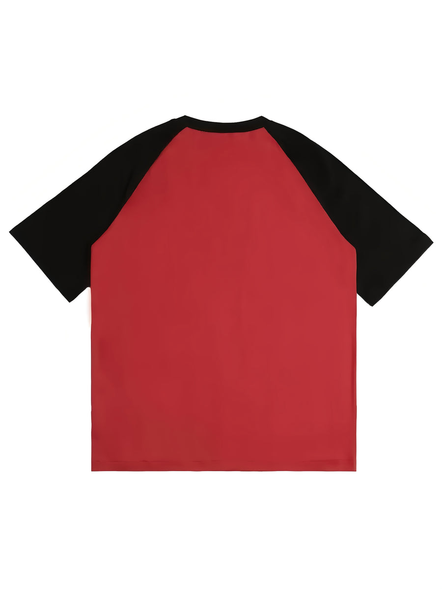 Comfortable And Stretchy T-Shirt, Casual Style, Fabric, Mid-Length Style, Suitable for All Seasons, Y2K Style Raglan Sleeve Round Neck Top with Cute Cat Pattern And Letter Print - 【Red】
