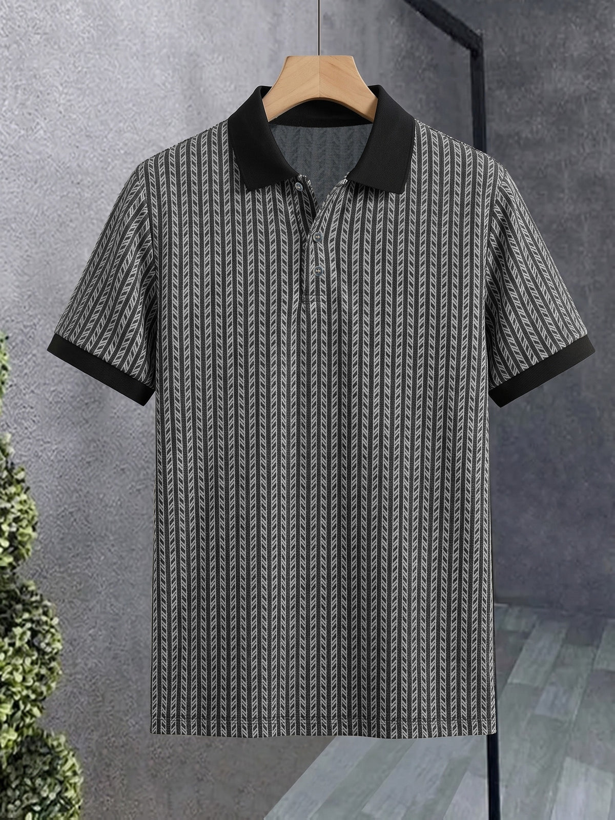 Men's Breathable Short-Sleeve Polo Shirt with Contrast Lapel Collar & Button-Up Collar - Striped Button Placket, Suitable for Casual, Business, Commuting - Machine Washable Summer Top for Daily Wear, Office & -Casual Outfits - Deep Gray