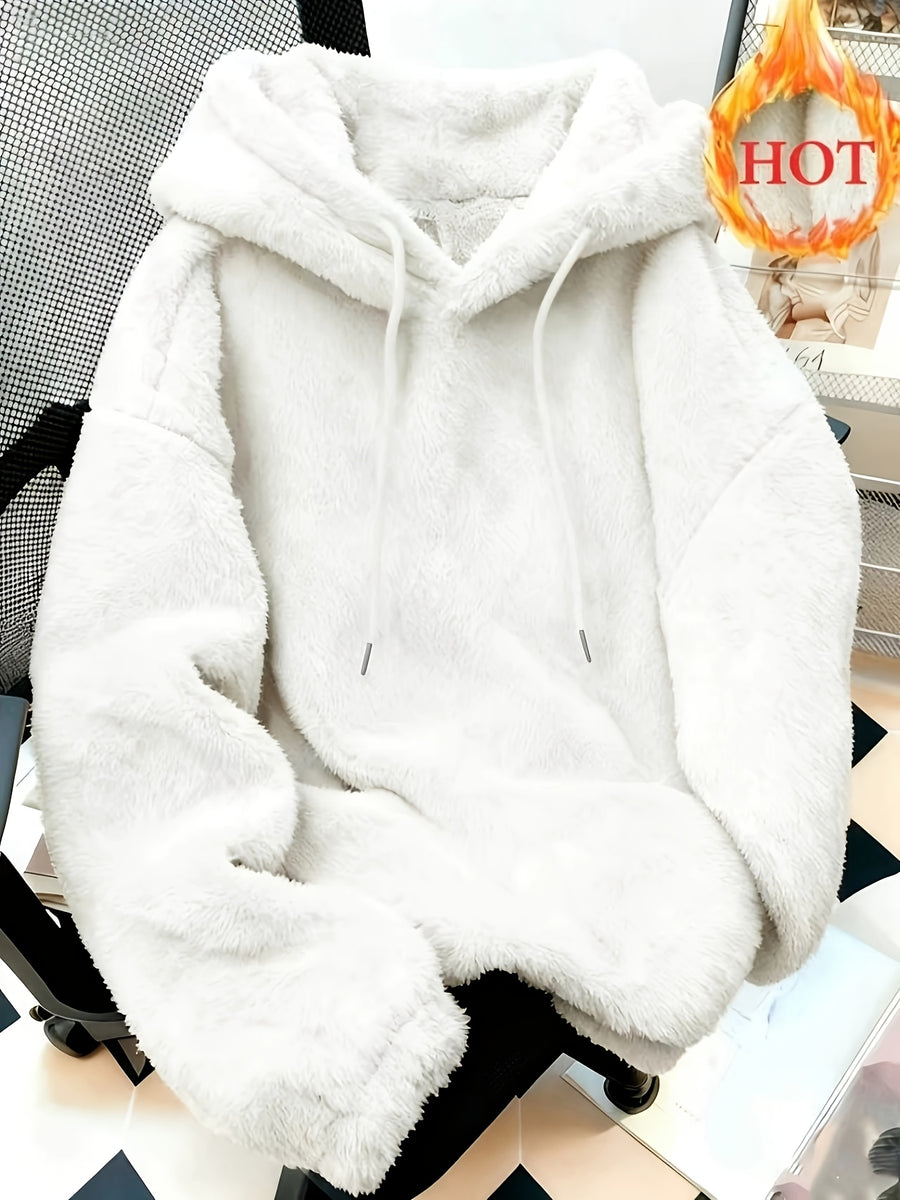 Item No.: WY260615083 Women's Autumn/Winter Loose Fit Hooded Sweatshirt, Soft and Warm Faux Hoodie, Suitable for Daily Work, Commuting, Dating, and Home Wear - White