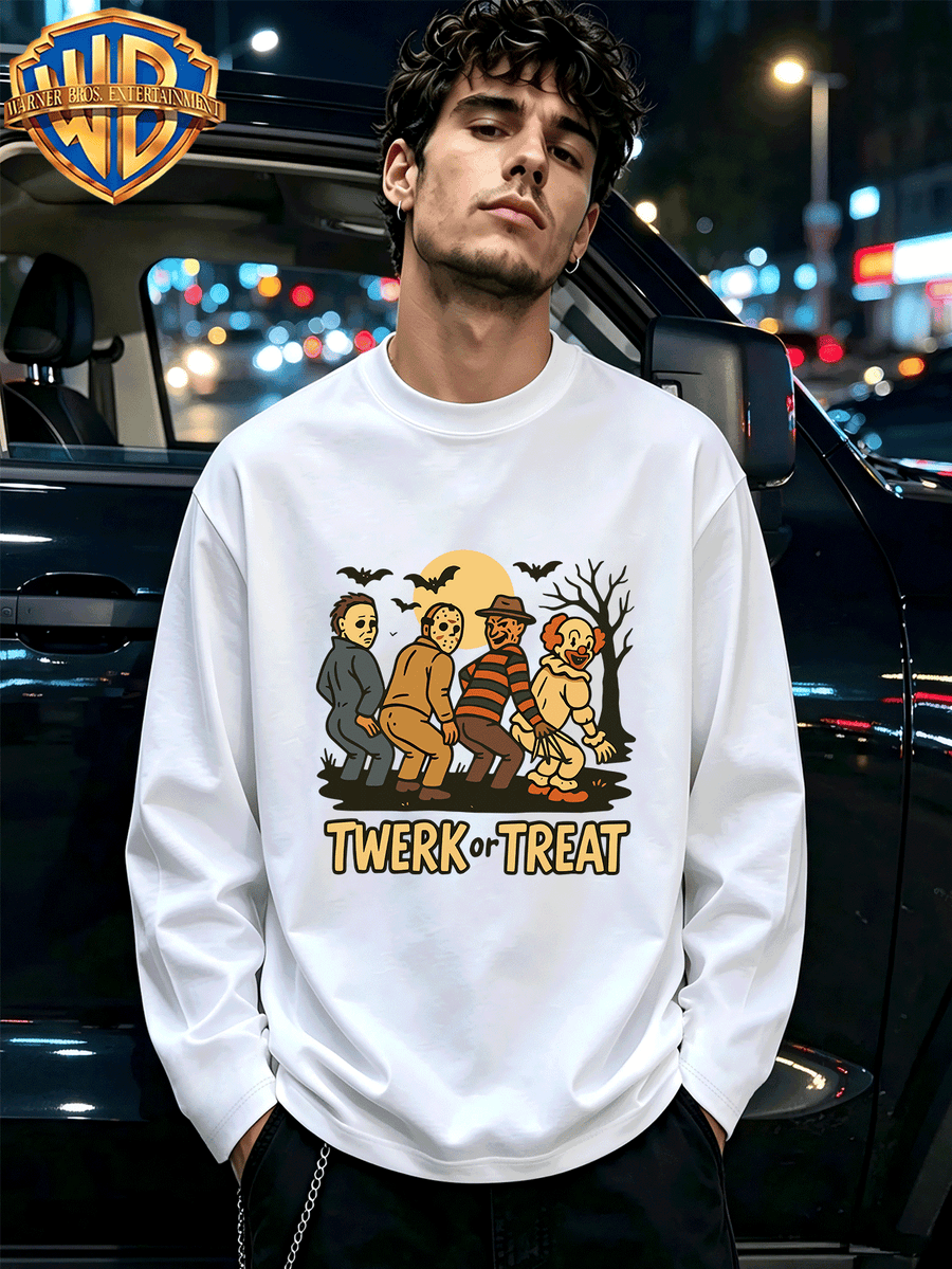 Warner Bros. Official WB & Iconic Characters Men's & Women's 100% Cotton Long-Sleeve T-Shirt - Soft Breathable Crew Neck Casual Base Layer Suitable for Spring/Autumn, Retro Streetwear for Daily Wear, Machine Washable - White