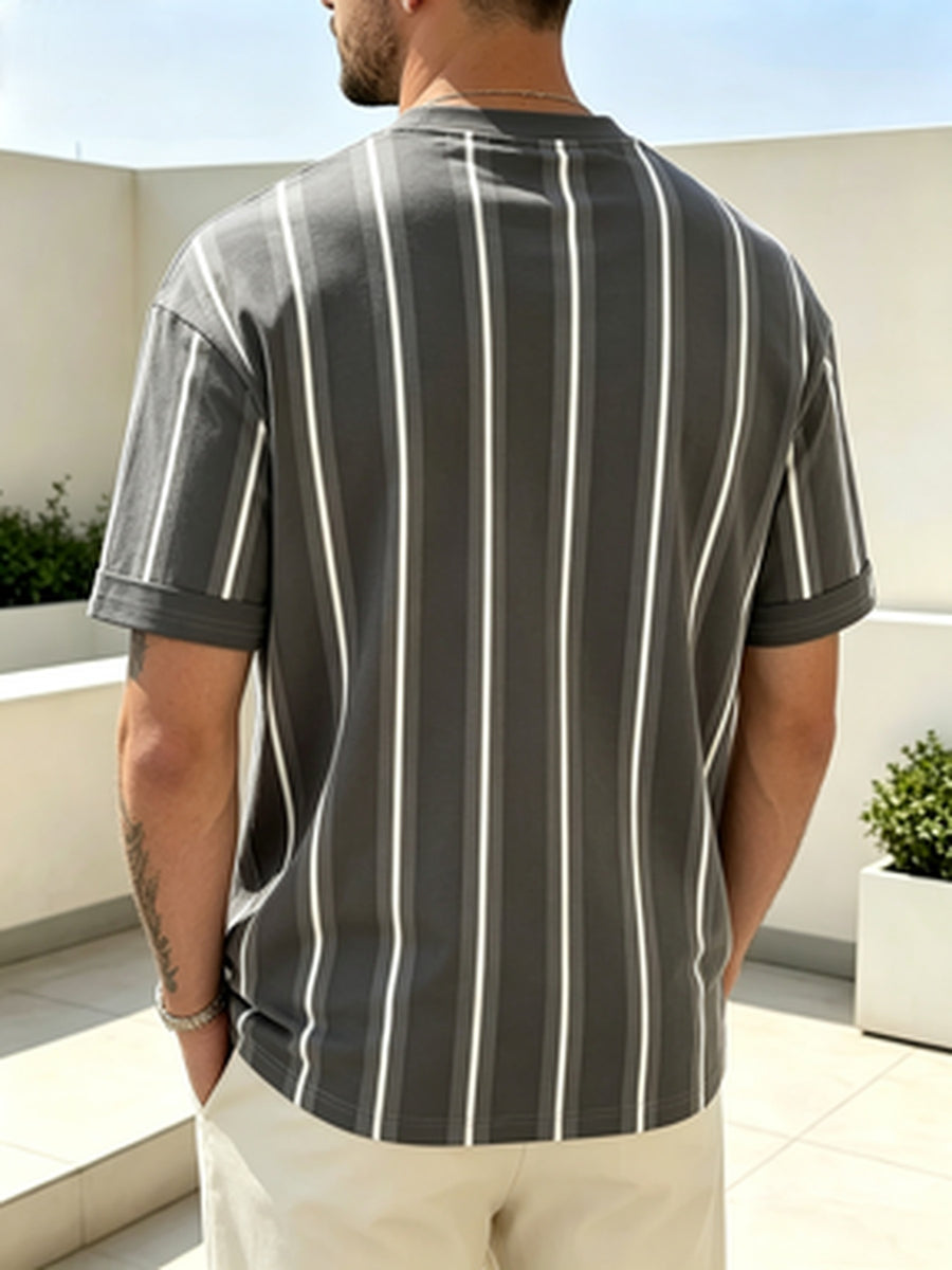 Men's Striped Short-Sleeve T-Shirt, Summer/Autumn Style, Contrast Color Ribbed Collar, Loose Fit Top for Daily Commuting and Casual Wear, Skin-Friendly, Breathable, Soft and Comfortable, Lightweight and Wash-Resistant [Digital Printing - Mixed colors