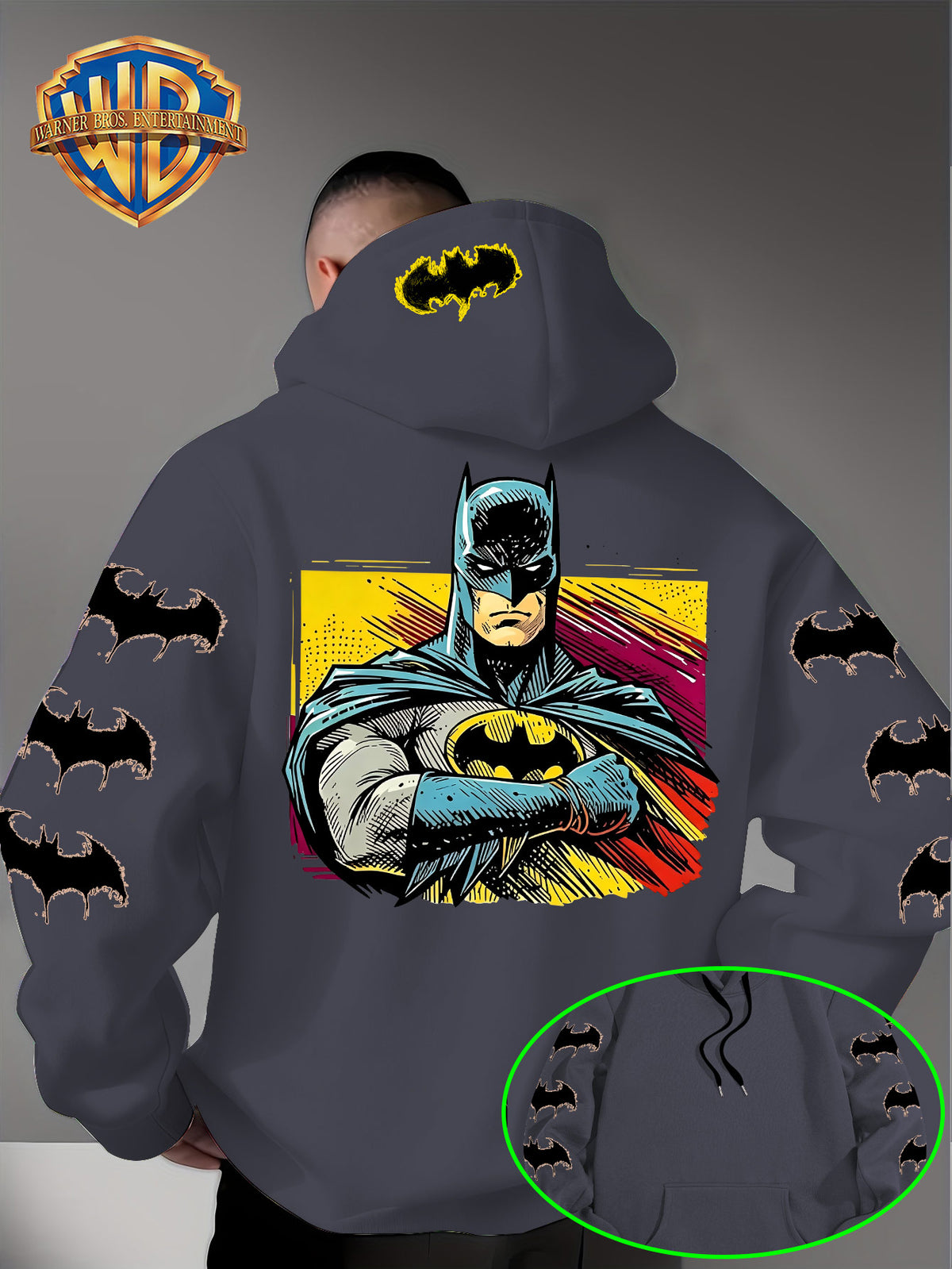 Men'S Hooded Sweatshirt, Batman Classic Image Print, Large Heroic Pattern on Back, Multiple Bat Logos on Sleeves, Exclusive Bat Emblem on Back of Hood, Trendy Street Style Design, Rich Details with Strong Visual Impact - Dark Gray