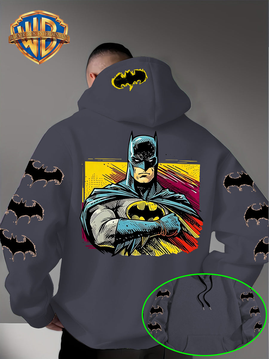 Men'S Hooded Sweatshirt, Batman Classic Image Print, Large Heroic Pattern on Back, Multiple Bat Logos on Sleeves, Exclusive Bat Emblem on Back of Hood, Trendy Street Style Design, Rich Details with Strong Visual Impact - Dark Gray