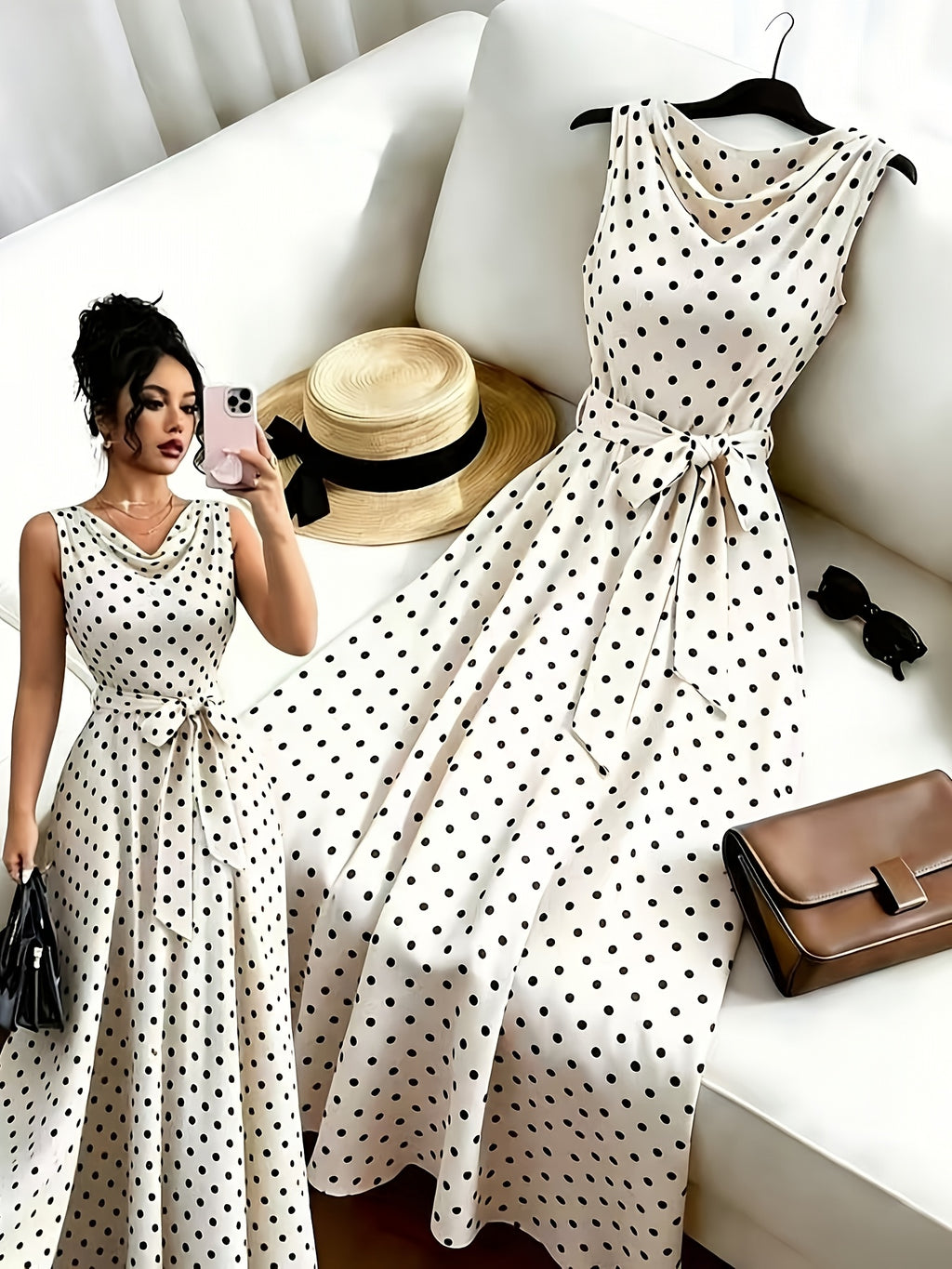 French Retro Polka Dot Print Sleeveless Tie-Neck Long Dress for Women, Summer New Gentle Style Waist-Cinching Dress for Beach Vacation And Dates - White