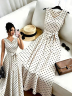 French Retro Polka Dot Print Sleeveless Tie-Neck Long Dress for Women, Summer New Gentle Style Waist-Cinching Dress for Beach Vacation And Dates - White