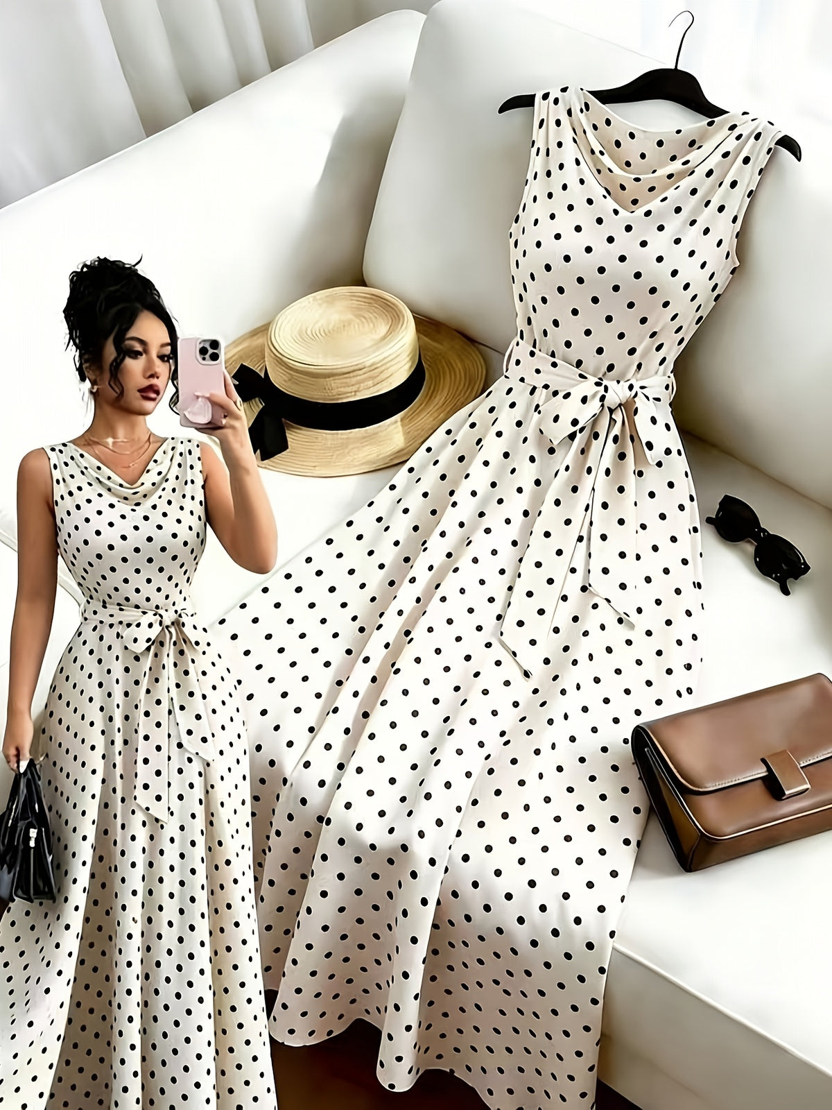 French Retro Polka Dot Print Sleeveless Tie-Neck Long Dress for Women, Summer New Gentle Style Waist-Cinching Dress for Beach Vacation And Dates - White