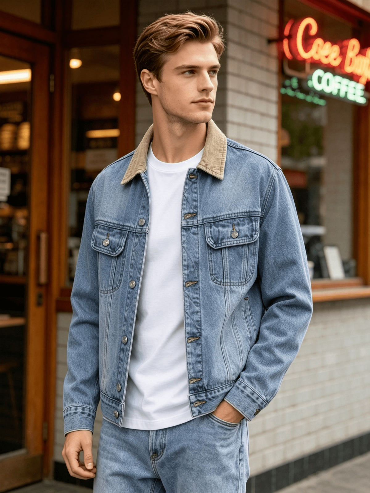 Men'S Vintage Washed Denim Jacket, Contrast Collar Plaid Inner Lining, Multi-Pocket Metal Button Placket, Loose Dropped Shoulder Fit, Retro Style Top for Young Men, Daily Street Outings, Casual Versatile Long Sleeve Coat - Blue
