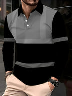 [Printed Design Non-Texture] 2026 New Men'S Casual Long Sleeve POLO Shirt, Black Gray Plaid Striped Design, Light Sports Fitness, Office Casual, All-Season Versatile, Long Sleeve, Spring/Autumn, Breathable And Cool, Soft And Skin-Friendly - Mixed colors